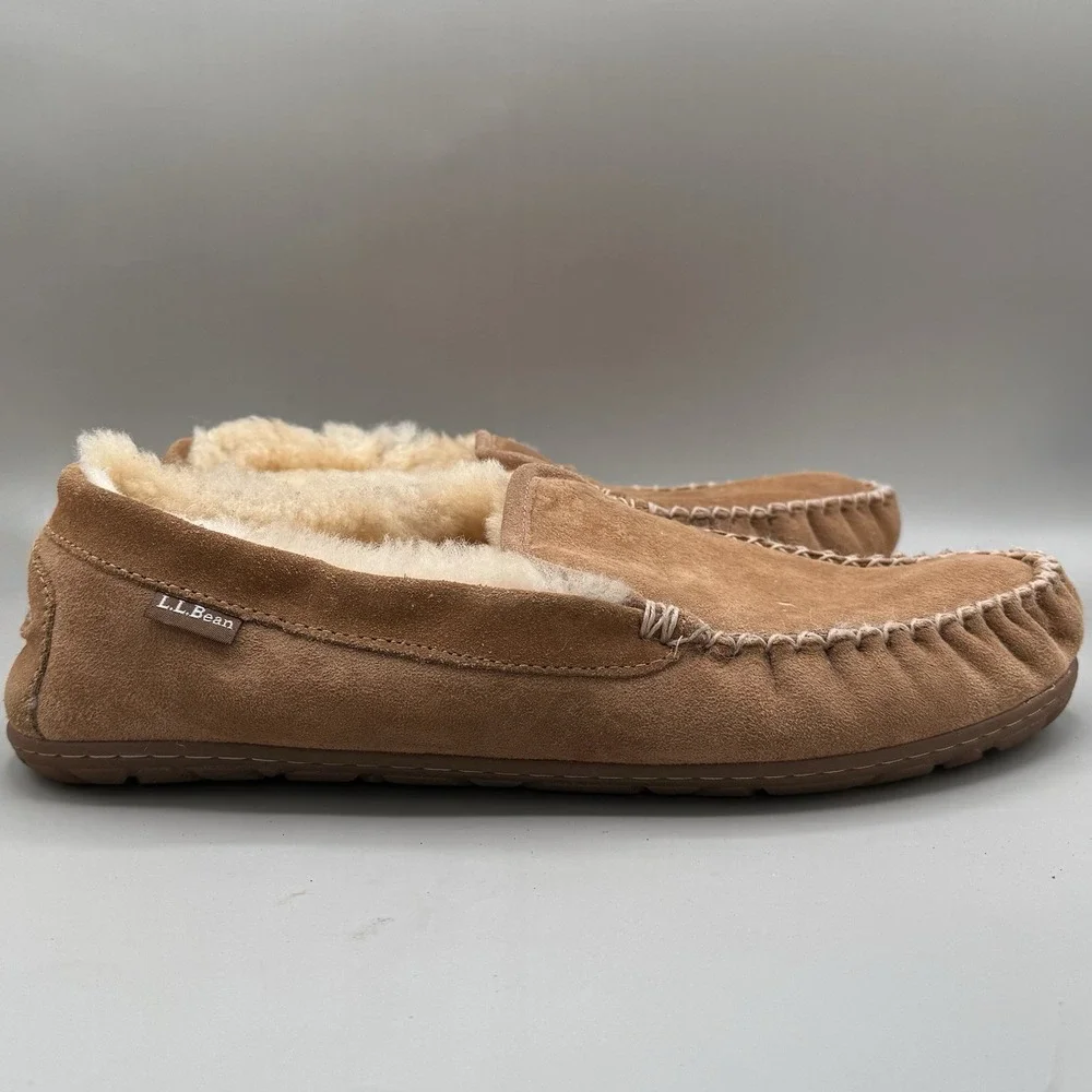 LL Bean‎ Wicked Good Suede & Lamb Fur Slippers Venetian Loafers Mens 13 Brown